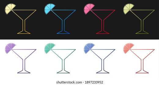 Set Martini glass icon isolated on black and white background. Cocktail with lime symbol. Vector.