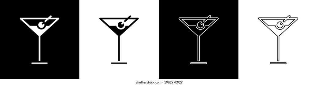 Set Martini glass icon isolated on black and white background. Cocktail icon. Wine glass icon.  Vector Illustration