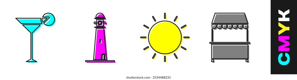 Coloque vidro Martini, farol, banca de sol e rua com ícone de toldo. Vetor