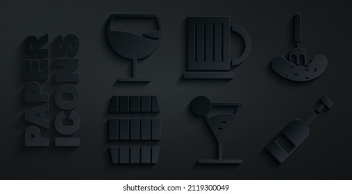 Set Martini glass, Pickled cucumber on fork, Wooden barrel, Opened bottle of wine, beer mug and Wine icon. Vector