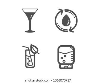 Set of Martini glass, Refill water and Water glass icons. Wine, Recycle aqua, Soda drink. Office drink.  Classic design martini glass icon. Flat design. Vector