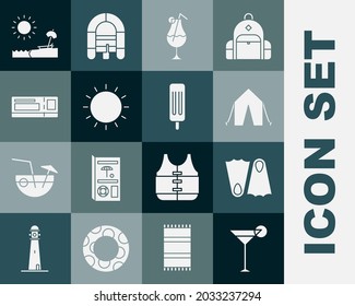 Set Martini glass, Rubber flippers, Tourist tent, Cocktail and alcohol drink, Sun, Travel ticket, Beach with umbrella chair and Ice cream icon. Vector