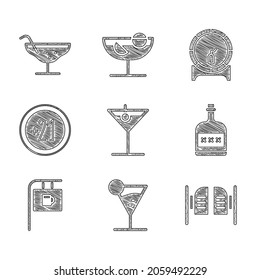 Set Martini glass, Saloon door, Alcohol drink Rum bottle, Street signboard with Bar, 21 plus, Wooden barrel rack and Cocktail icon. Vector