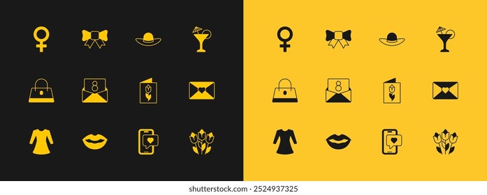 Set Martini glass, Smiling lips, Greeting card with 8 March, Mobile heart, Envelope, Elegant women hat, Female gender symbol and Gift bow icon. Vector