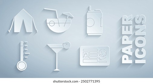 Set Martini glass, Soda can, Meteorology thermometer, Passport with visa stamp, Coconut cocktail and Tourist tent icon. Vector