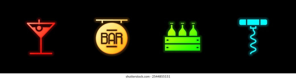 Set Martini glass, Street signboard with Bar, Bottles of wine wooden box and Wine corkscrew icon. Vector