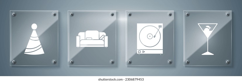 Set Martini glass , Vinyl player with a vinyl disk , Sofa  and Party hat . Square glass panels. Vector