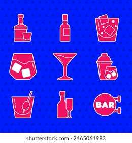 Set Martini glass, Wine bottle with, Street signboard Bar, Cocktail shaker, Bloody Mary, Glass of whiskey,  and Whiskey and icon. Vector