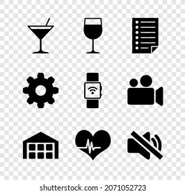 Set Martini glass, Wine, Document, Warehouse, Heart rate and Speaker mute icon. Vector