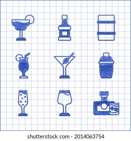 Set Martini glass, Wine, Whiskey bottle and, Cocktail shaker, Glass of champagne, Metal beer keg and  icon. Vector