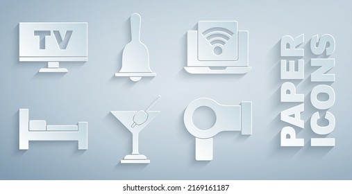 Set Martini glass, Wireless laptop, Hotel room bed, Hair dryer, service bell and Smart Tv icon. Vector