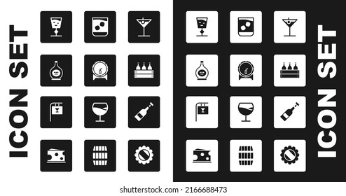 Set Martini glass, Wooden barrel on rack, Bottle of cognac or brandy, Wine, Bottles wine wooden box, Glass whiskey, Opened bottle and Street signboard with Bar icon. Vector