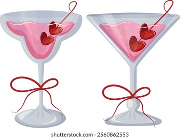 set of martini glasses and bud glass with pink drink and berries in the shape of hearts and red bows, valentine's day design