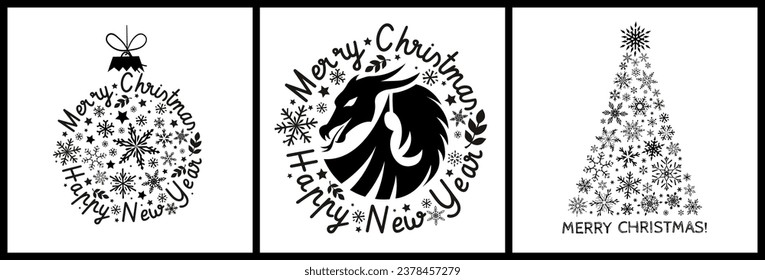 Set of Mary Christmas and Happy New Year cards! Vector graphic illustration with dragon. For greeting cards, flyers, invitations, posters, calendars, brochures, banners