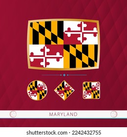 Set of Maryland flags with gold frame for use at sporting events on a burgundy abstract background. Vector collection of flags.