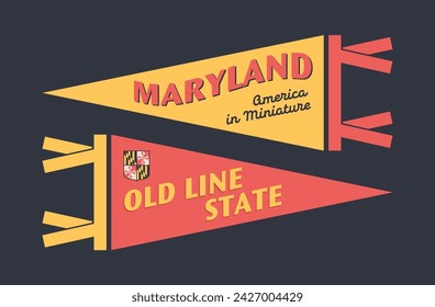 Set of Maryland pennants. Vintage retro graphic flag, pennant, star, sign, symbols of USA. Old Line State.