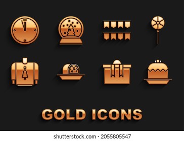 Set Marzipan sponge cake, Lollipop, Cake, Gift box, Christmas sweater, Carnival garland with flags, Clock and snow globe icon. Vector