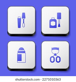 Set Mascara brush, Bottle of nail polish, Deodorant roll and Eyelash curler icon. White square button. Vector