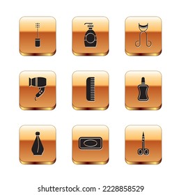 Set Mascara brush, Perfume, Bar of soap, Hairbrush, dryer, Eyelash curler, Scissors and Bottle liquid icon. Vector