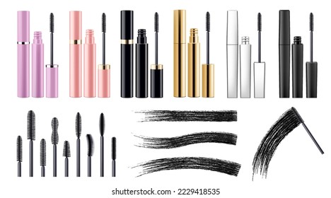 Set of mascara tubes, eyelash brushes and black brush strokes, isolated on white background. Mockups for advertising or magazine page, cosmetic object, beauty concept. Realistic 3d vector.