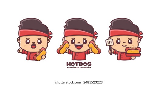 set mascot cartoon with hotdog, vector illustration for culinary industry, logo, sticker, icon, etc.