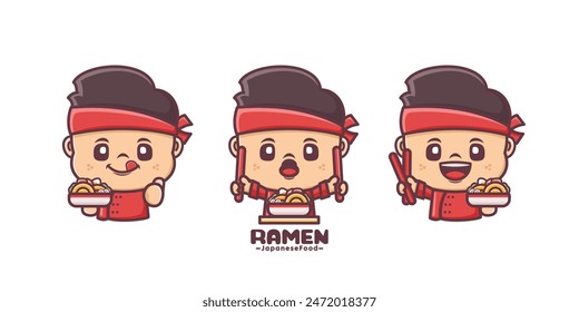 set mascota de dibujos animados con comida japonesa ramen, Ilustración vectorial para la industria culinaria, logotipo, etiqueta engomada, icono, etc.