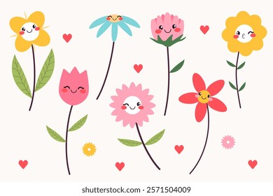 Set with mascot flowers. Floral springtime illustration.