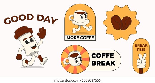 defina a ilustração do vetor mascot, adesivos divertidos com temas de café com personagens alegres, grãos de café e frases motivacionais como 'Good Day' e 'Coffee Break'. 