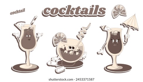 Maskottchen für Bars und Restaurants. Eine Reihe von Cartoon-Cocktails in Brauntönen. Eine Figur aus den 60er und 70er Jahren im modernen Cartoon-Stil.