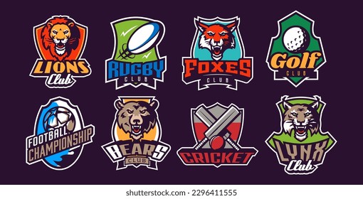 Set of mascots and sports logos. Mascots and sports logos for clubs and teams. Lion, bear, fox, lynx, golf, rugby, soccer, football, cricket. Vector illustration isolated on background