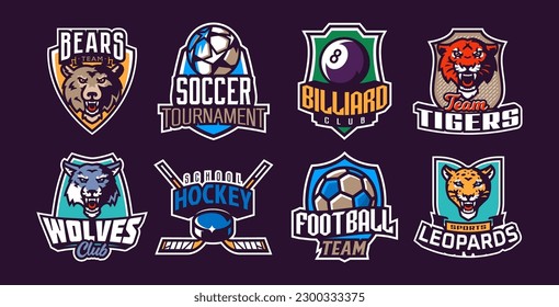 Set Maskottchen und Sportlogos. Maskottchen und Sportlogos für Vereine und Mannschaften. Bär, Tiger, Leopard, Wolf, Fußball, Fußball, Billard, Hockey. Vektorgrafik einzeln auf Hintergrund