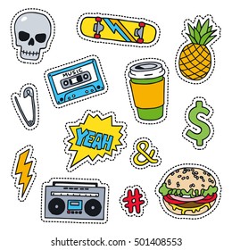 Set of masculine sketchy patches. Different trendy badges and pins. Oldschool vector pictograms in line-art style with 90's colors. Skate, mixtape, coffee and lightning bolt icons.