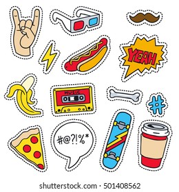 Set of masculine sketchy patches. Different trendy badges and pins. Oldschool vector pictograms in line-art style with 90's colors. Skate, mixtape, coffee and lightning bolt icons.