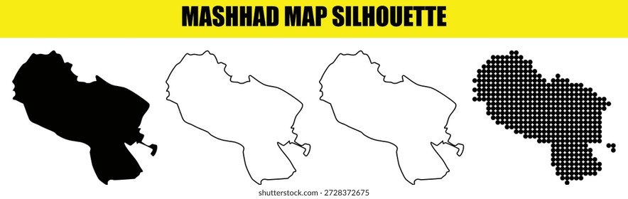 Set of Mashhad map silhouettes for design purposes. Includes solid black, white, outlined, and dotted dot representations. Iran city geography, easy to use vector graphics.