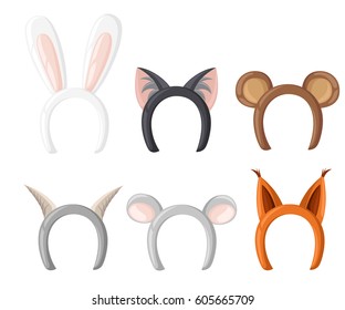 Set Mask Cat, Rabbit, Deer Antler And Ears. Isolated On White Vector Illustration Flat Design Style Vector Illustration