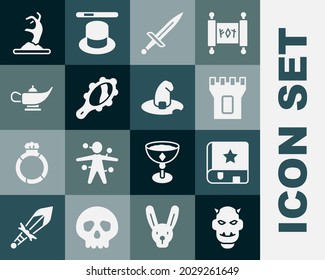 Set Mask of the devil with horns, Ancient magic book, Castle tower, Dagger, Magic hand mirror, lamp Aladdin, Zombie and Witch hat icon. Vector