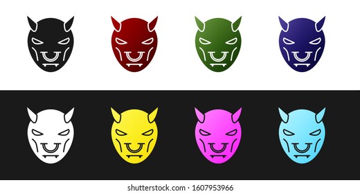 Set Mask of the devil with horns icon isolated on black and white background.  Vector Illustration