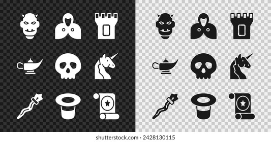 Set Mask of the devil with horns, Mantle, cloak, cape, Castle tower, Magic staff, hat, scroll, lamp Aladdin and Skull icon. Vector