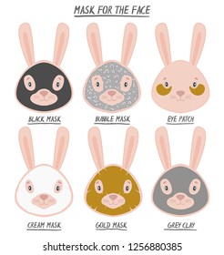 Set mask face beauty animal hare girl and women. Skin spa procedure, cosmetic clean. Head full face, cartoon style.Vector illustration.