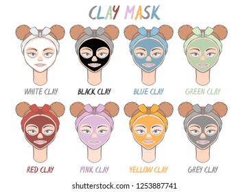 Set mask face clay beauty girl and women. Skin spa procedure, cosmetic clean. Head full face, cartoon style.Vector illustration.