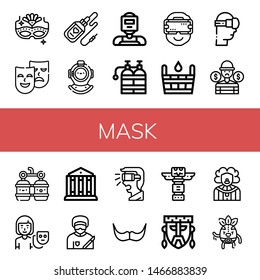 Set of mask icons such as Carnival mask, Masks, Serum, Diving helmet, Welder, Oxygen tank, Ar glasses, Sauna, Virtual reality, Thief, Oxygen, Actor, Theatre, Surgeon, Moustache , mask