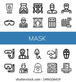 Set of mask icons such as Face cream, Goggles, Aromatherapy, Burglar, Mask, Theatre, Thief, Airbed, Welder, Event, Diving glasses, Diving mask, Ski, Actor, Executioner ,