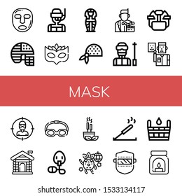 Set of mask icons. Such as Facial mask, Football helmet, Dive, Eye mask, Sarcophagus, Bandana, Actor, Ski, Hockey helmet, Thief, Sauna, Goggles, Oxygen Incense , icons