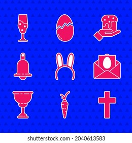 Set Mask with long bunny ears, Carrot, Christian cross, Greeting card Happy Easter, chalice, Ringing bell, Human hand and easter cake and Wine glass icon. Vector