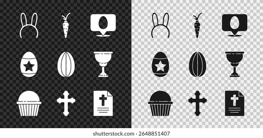 Set Mask with long bunny ears, Carrot, Speech bubble easter egg, Easter cake, Christian cross, Greeting card Happy,  and  icon. Vector
