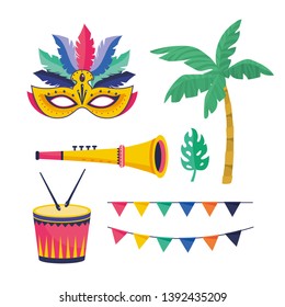 set mask with palm with party banner and drum with trumpet
