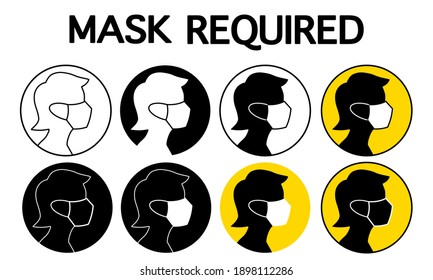 Eine Reihe von MASK REQUIRED Icon in runder Form. Eine Frau trägt eine Schutzmaske in verschiedenen Ausführungen.