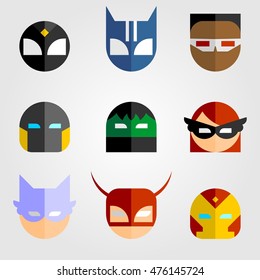 Set Of Mask Of Super Hero Face Character In Flat Style Design. Vector Illustration