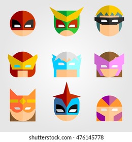 Set of Mask of super hero face character in flat style design. Vector illustration