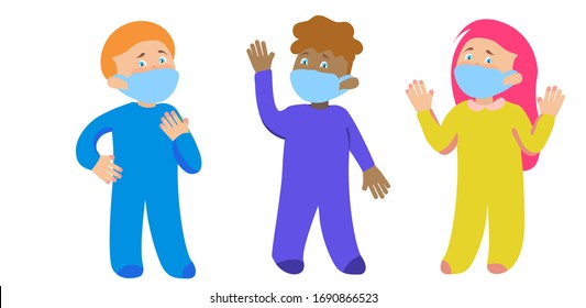 Set of masked children characters.  Avatars of girls and boys.  quarantine and health protection.  Vector graphics.  stock illustration.  white isolate.